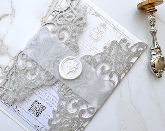 silver glitter laser cut wedding invitation, silver foil invitation, laser cut invitation with band and wax seal, silver laser cut invite