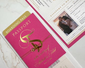 Pink and gold passport wedding invitation, airplane ticket and passport invite, boarding pass invite, gold foil passport, fuchsia passport