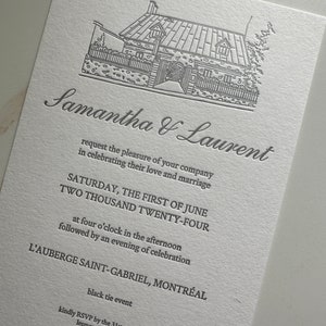 letterpress invitation, letterpress venue invitations, letterpress wedding invitation with venue drawing, letterpress wedding venue drawing