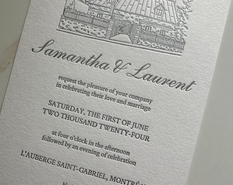 letterpress invitation, letterpress venue invitations, letterpress wedding invitation with venue drawing, letterpress wedding venue drawing