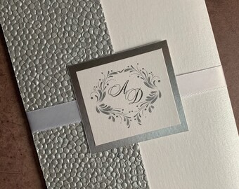 White Textured Wedding Invitation, Silver Accents, Pocketfold
