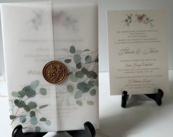 greenery invitation, vellum wedding invitation, wax seal with greenery invitation, elegant wedding invitation, formal wedding invitations