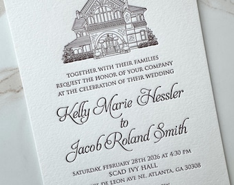 Letterpress venue illustrated invitation, letterpress wedding invitation, venue illustration on letterpress invitation, timeless invitations