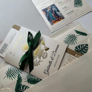 Invitation passeport tropical, invitation carte d'embarquement tropicale, invitation destination fougère, invitation voyage vert forêt, billet tropical