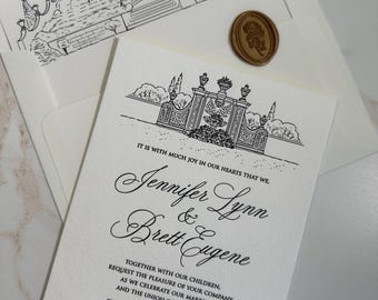 venue envelope liner and letterpress wedding invitation, venue illustration, luxury letterpress invitation, luxurious wedding invitations