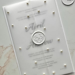 Pearls on vellum invitation, Pearl wedding invitation, Wax Seal invitation with pearls on clear vellum,  translucent paper with wax seal