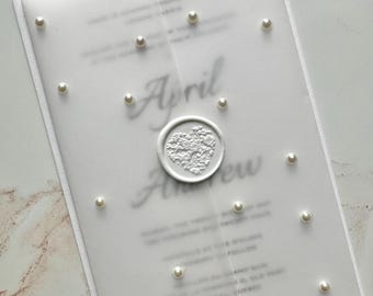 Pearls on vellum invitation, Pearl wedding invitation, Wax Seal invitation with pearls on clear vellum,  translucent paper with wax seal