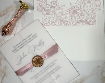 Luxury wedding invitation, wax seal and ribbon wrapped around vellum, wedding invitation with vellum and wax seal, wedding invitation suite