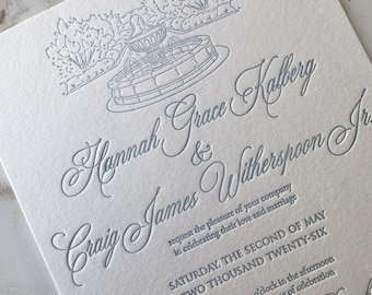 venue illustrated wedding invitation, letterpress invitation, luxurious invitation, luxury wedding invitation, letterpress custom designed