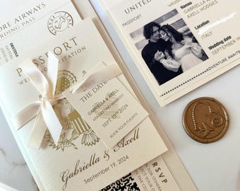 Save The Date invitation, Gold foil passport invitation, destination wedding invitation with save the date tag, foil passport invitations