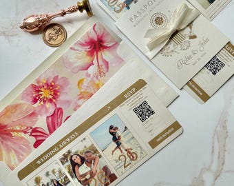 tropical boarding pass and passport wedding invitation, tropical ticket, airplane wedding invitation, foil passport and boarding pass invite