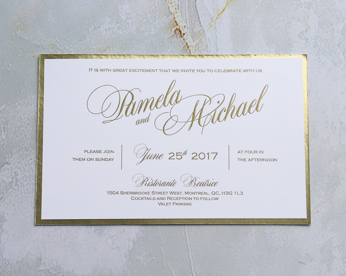 Gold foil Wedding Invitation with texture pebble on back