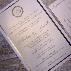 Blush and gold Wedding Invitation with lace on the pocket, gold foil Invitation, Blush Invitations, raised gold ink, foil wedding invitation
