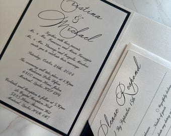 Formal wedding invitation, black Ribbon wrapped around invitation, Black Tie wedding invitation, Black and white invitation, Elegant invite