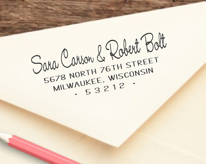 Couple Address Stamp with different last names, self inking, two last names, full names, Engagement , Wedding RSVP Envelopes, Return Address