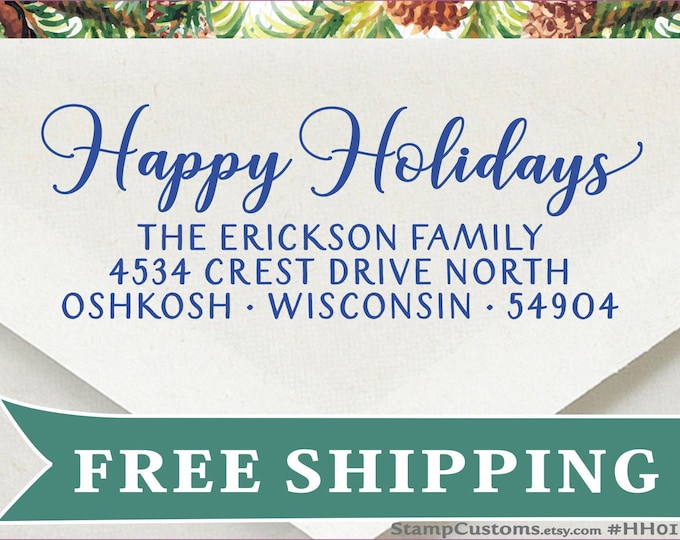 Happy Holidays Address Stamp : Christmas Self-inking Return Address Stamp