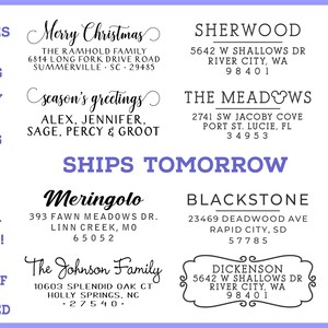 May include: Image featuring various custom address stamps with different fonts and designs. Text includes "Merry Christmas," "season's greetings," and family names. The image also highlights "Ships Tomorrow."