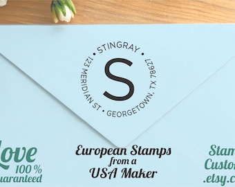 Simple Address Stamp: Round Return Initial Monogram Self-Inking, plain clear block font