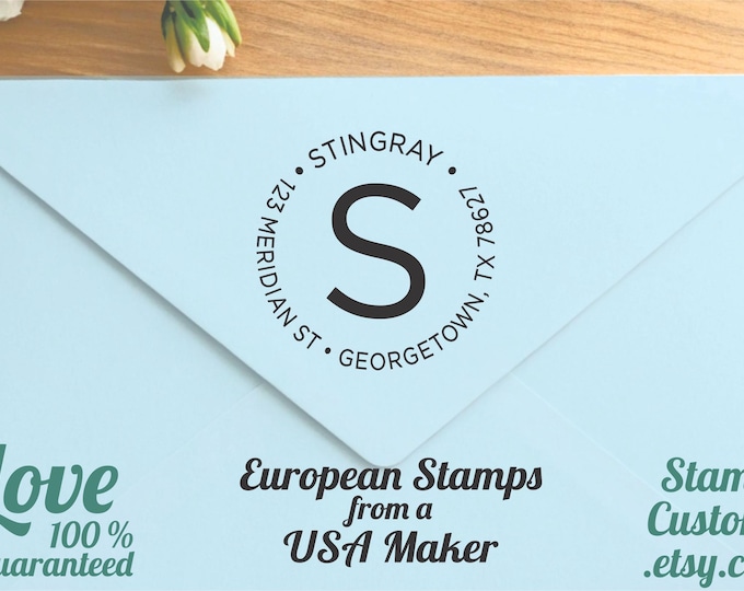 Simple Address Stamp: Round Return Initial Monogram Self-Inking, plain clear block font