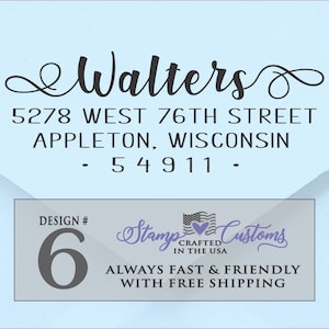 Top line is in a pretty script with embellishments on front and back - easy to read cursive font, bold and slightly swirly.  The body of the text for the address is a warm font. This design is the WALTERS design