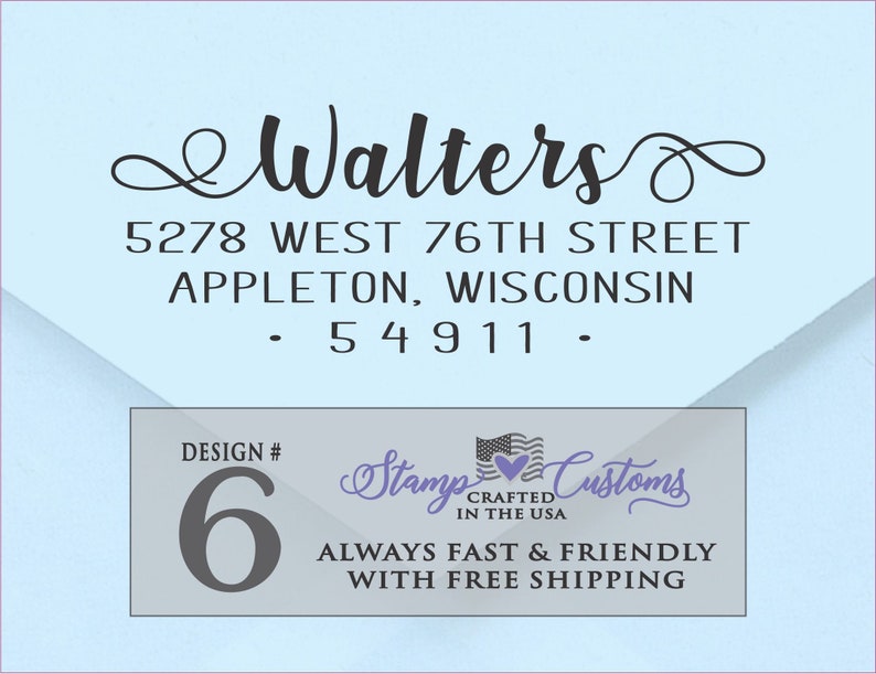 Top line is in a pretty script with embellishments on front and back - easy to read cursive font, bold and slightly swirly.  The body of the text for the address is a warm font. This design is the WALTERS design