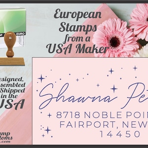 May include: A wooden stamp with a brown handle and a rectangular base, next to a clear stamp case. The image includes text that reads "European Stamps from a USA Maker" and "Designed, Assembled & Shipped in the USA."