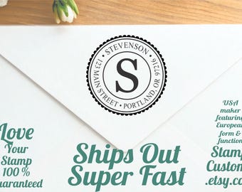 Round Return Address Stamp: Initial Monogram Self-Inking Wood Knob Handle