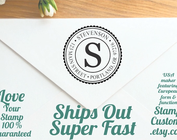 Round Return Address Stamp: Initial Monogram Self-Inking Wood Knob Handle