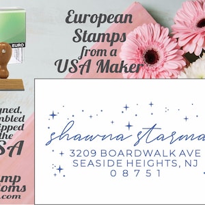 May include: A wooden stamp with a brown handle and a clear plastic ink pad. The stamp is labeled "EURO" and is next to a design with the text "European Stamps from a USA Maker". The design includes the name "shawna starman" and an address.