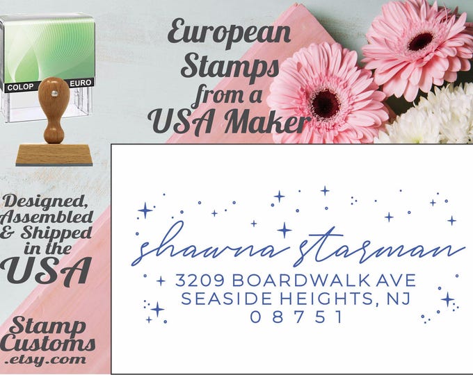 Custom Address Stamp Self inking : Personalized Celestial Stars Knob Wood Handle