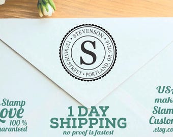 Round Return Address Stamp: Initial Monogram Self-Inking Wood Knob Handle