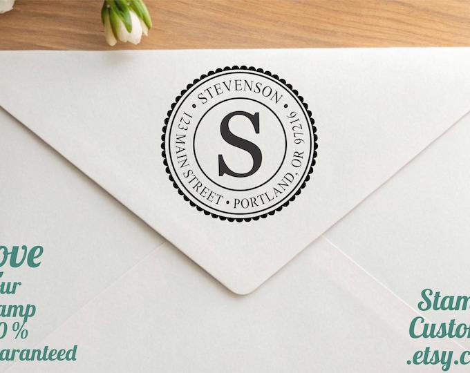 Round Return Address Stamp: Initial Monogram Self-Inking Wood Knob Handle