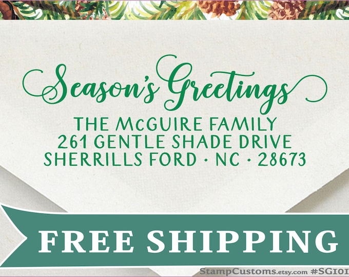 Holiday Address Stamp  -  Seasons Greetings  -  Christmas Card Addressing- Self-inking Return Address - Happy Holidays Rubber Stamp