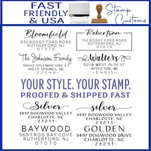 May include: A collection of custom address stamps featuring various names and addresses including Bloomfield, Robertson, The Johnson Family, Walters, Silver, Baywood, and Golden. The image displays text examples and stamp hardware.