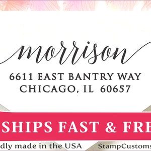 May include: A white return address label with black text. The text reads "morrison", "6611 EAST BANTRY WAY", "CHICAGO, IL 60657". A red banner at the bottom reads "SHIPS FAST & FREE".