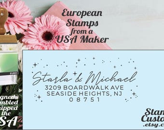 Stars Return Address Stamp: Custom Celestial Self-Inking Stamp or Wood Handle