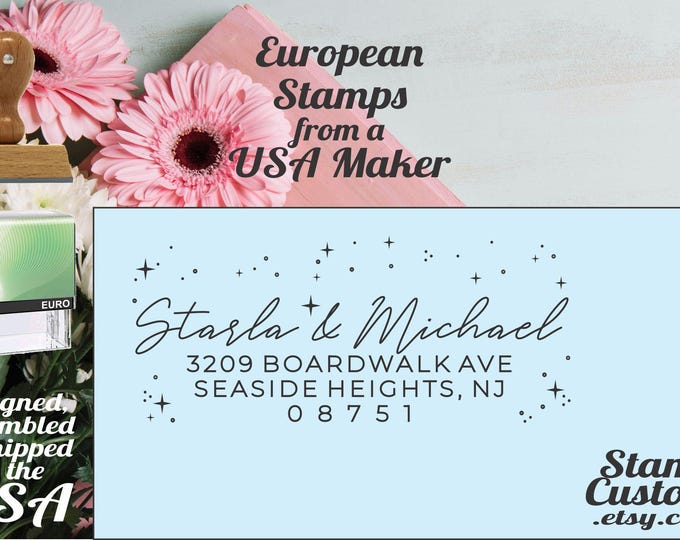 Stars Return Address Stamp: Custom Celestial Self-Inking Stamp or Wood Handle