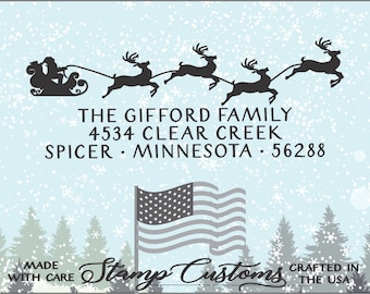 Christmas Address Stamp: Santa's Sleigh, Reindeer Self-Inking Stamper