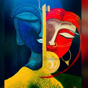 May include: Abstract painting of two faces, one blue and one red, separated by a gold line. The faces are partially obscured by a yellow and white object, possibly a musical instrument. The background is dark blue and green.