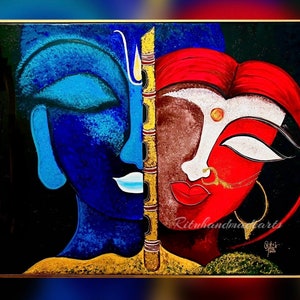 May include: Abstract painting of a blue and red face, with a gold stick separating the two halves. The painting is on a black background and has a gold frame. The text "Rituhandmacarts" is visible in the bottom right corner.