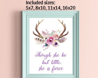 Though She Be She Be But Little She Is Fierce Print, Floral Deer Antlers Print, She Is Fierce, Deer Antlers Printable, Nursery Printable