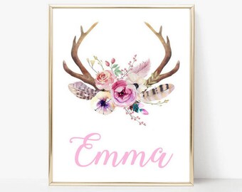 Personalized Baby Girl Name Print, Boho Nursery, Custom Name Print, Baby Girl Nursery Wall Art, Deer Antler Print, Kids Room Decor