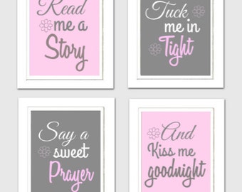 Read Me A Story, Tuck Me in Tight, Baby Girl Wall Decor, Gray Pink Nursery Decor, Girls Room Wall Decor Set of 4 Print, Girl Wall Art, 8x10