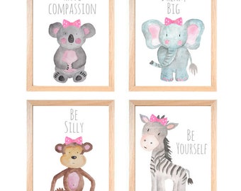 Safari Nursery Decor, Nursery Wall Art, Baby Animal Prints, Jungle Animals, Wall Decor, Kids Room Monkey, Zebra, Koala, Elephant Set of 4