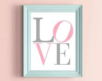 Liebe Druck, Block Liebe druckbare Kunst, Kinderzimmer Liebe Druck, Kinderzimmer Druck, Rosa und Grau Kinderzimmer Kunst, Liebe Wandkunst, Liebe Wand Dekor