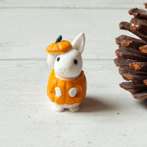 Rabbit Halloween Decorations Figure. Miniature Pet Ornament. Thanks Giving Present. Pumpkin Costume. Bunny Model. Figurine. Statue. Clay.