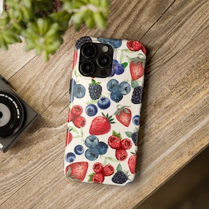 Summer Berries Fruit Phone Case, Cute Phone Case, Strawberries, Blueberries, Gifts for Her, Tough Phone Case, Popular Phone Case