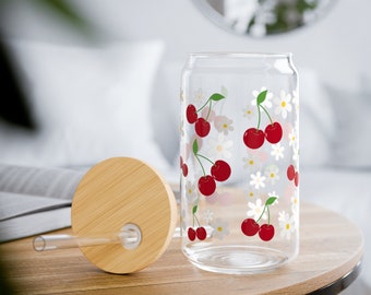 Verres en cerisier avec couvercle et paille, tasse d'été à décor de cerisier, gobelet en verre, tasse en verre à motif tropical