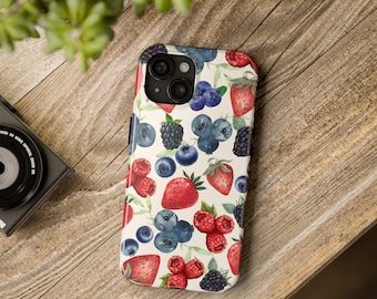 Custodia per telefono con frutti di bosco estivi, custodia per telefono carina, fragole, mirtilli, regali per lei, custodia per telefono resistente, custodia per telefono alla moda, custodia per iPhone