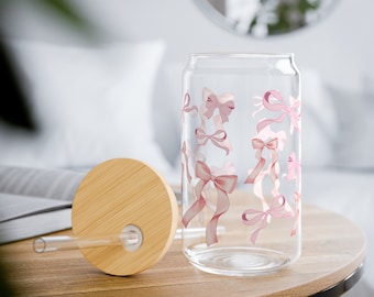 Pink Bow Coquette Glass Drinkware with Lid and Straw, Glass Tumbler, Cute Drinkware